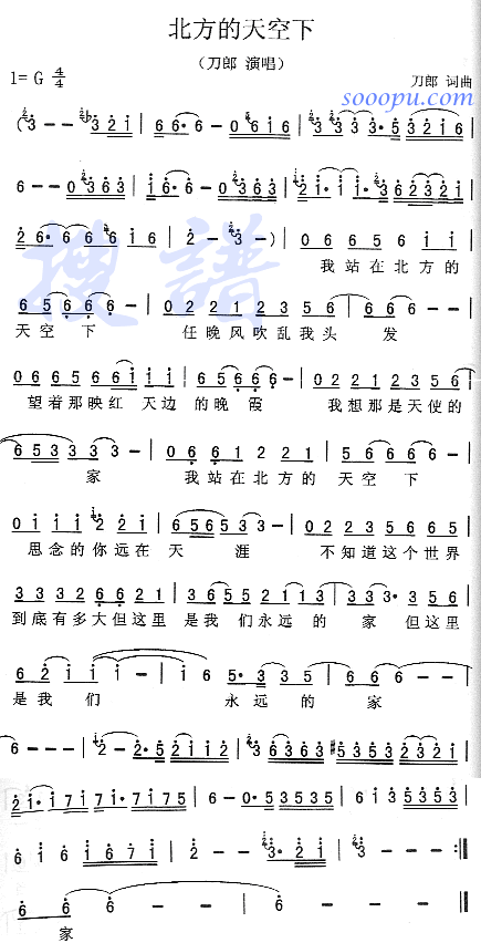 歌曲北方的天空下的简谱歌谱下载