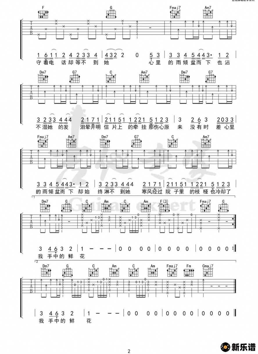 歌曲心雨 C调吉他谱的简谱歌谱下载