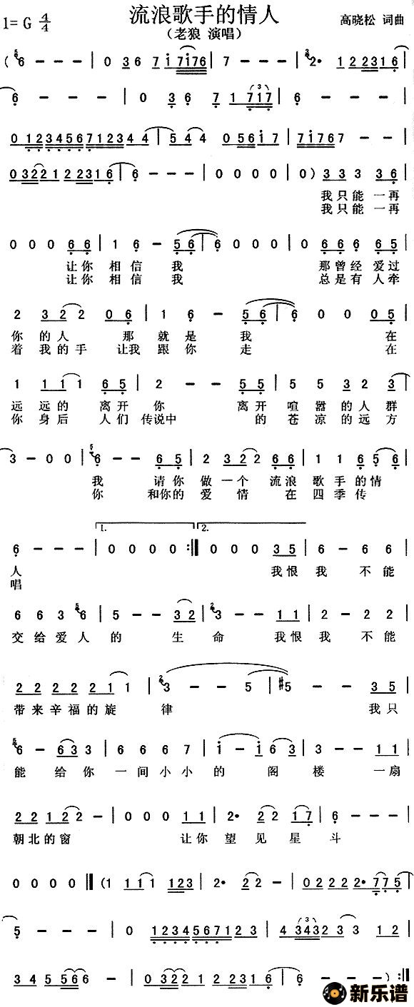 歌曲流浪歌手的情人的简谱歌谱下载