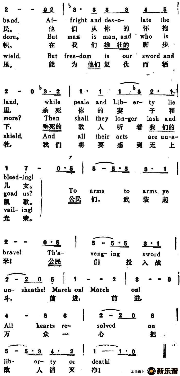 歌曲【法】马赛曲的简谱歌谱下载