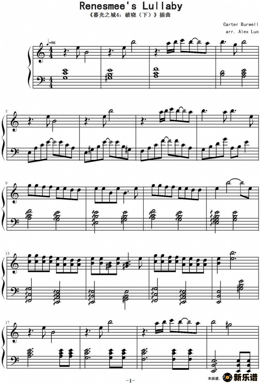 歌曲renesmee’s lullaby（《暮光之城4：破晓（下）》插曲）的简谱歌谱下载