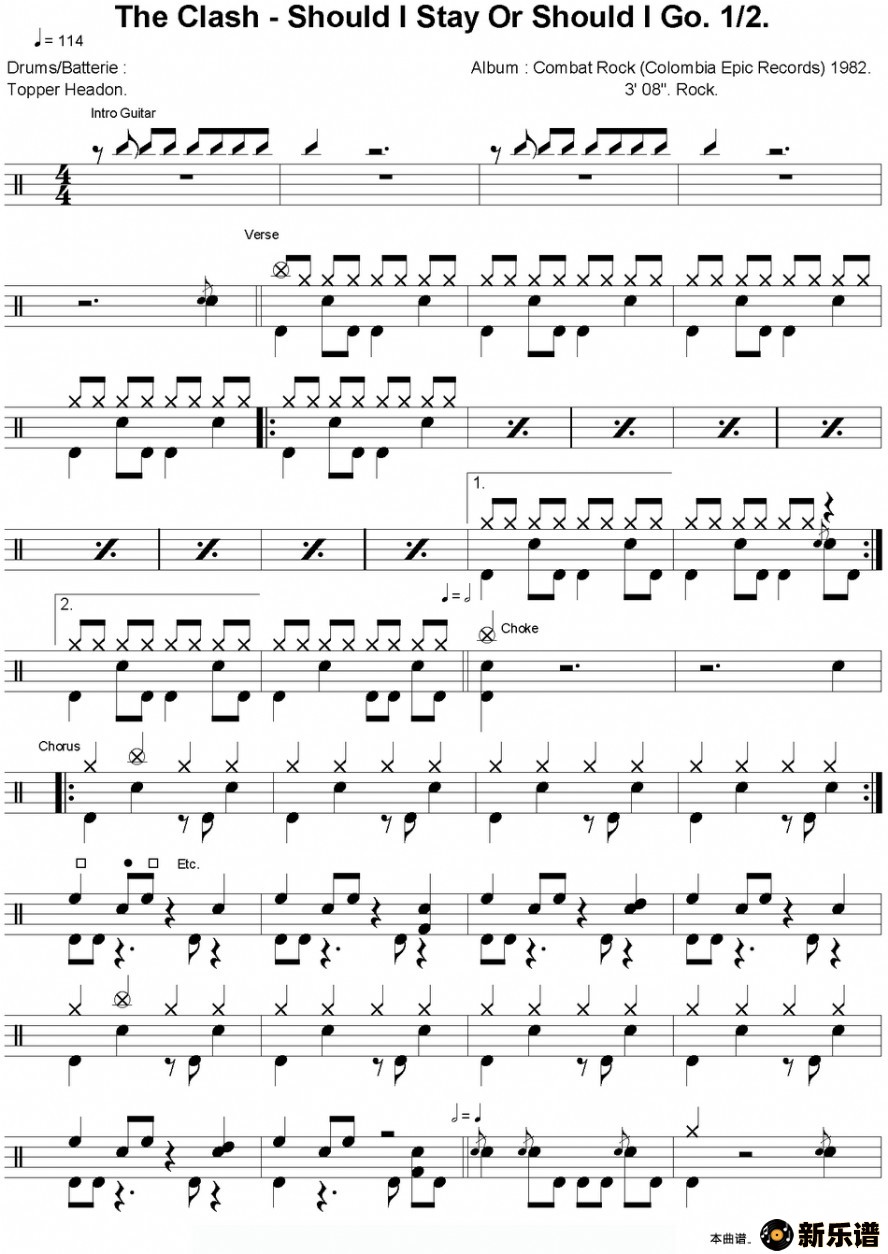 歌曲爵士鼓谱：clash - should i stay or should i go的简谱歌谱下载
