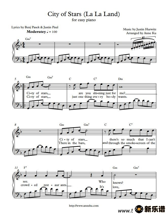 歌曲city of stars的简谱歌谱下载