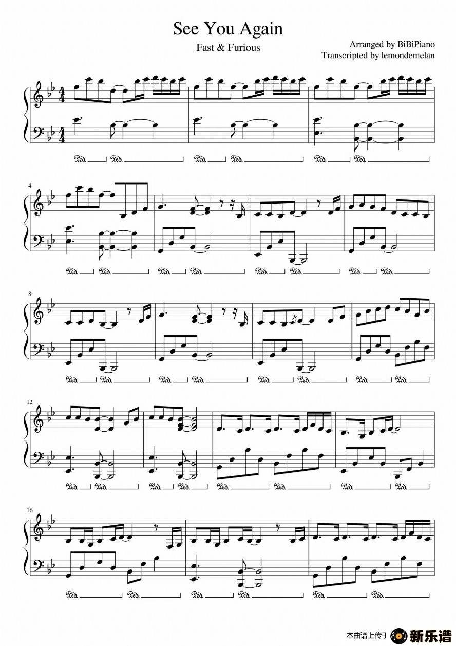 歌曲see you again【《速度与激情7》片尾曲】的简谱歌谱下载