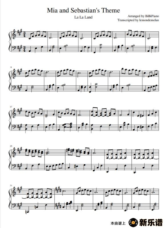 歌曲mia and sebastian’s theme【《爱乐之城（la la land）》插曲】（bibipiano钢琴版）的简谱歌谱下载