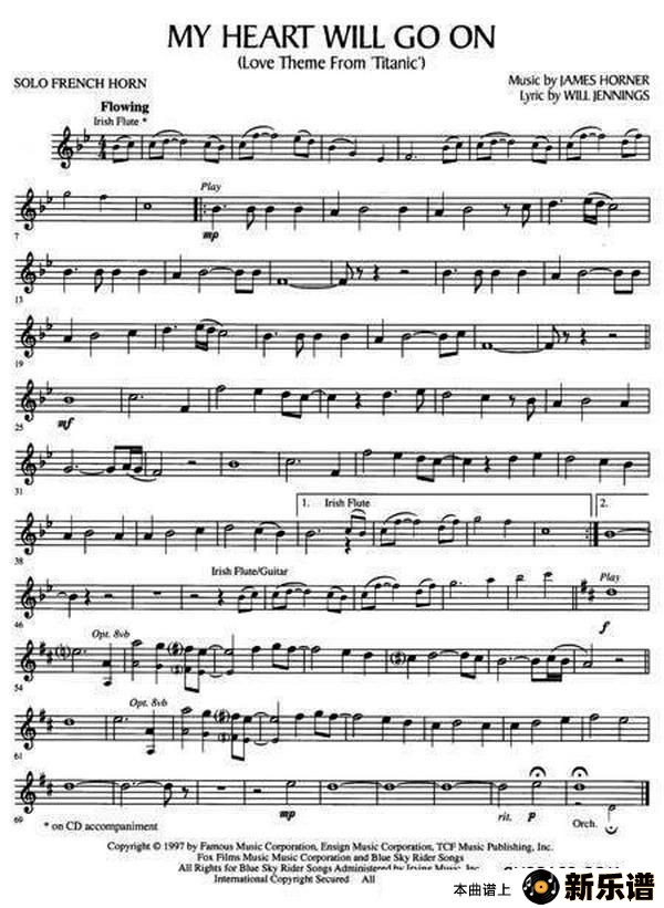 歌曲my heart will go on的简谱歌谱下载