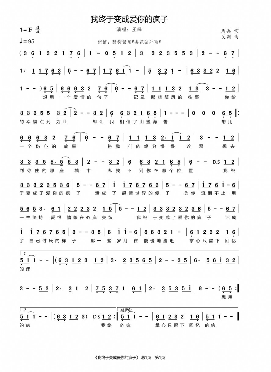 歌曲我终于变成爱你的疯子的简谱歌谱下载