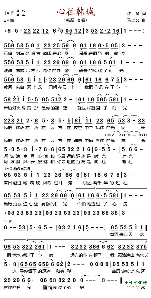 歌曲心往韩城的简谱歌谱下载