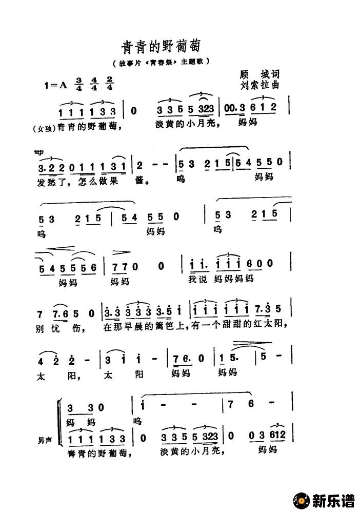 歌曲青青的野葡萄（故事片《青春祭》主题歌）的简谱歌谱下载